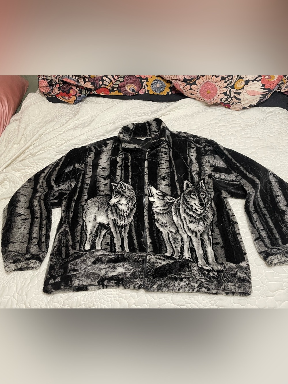 Vintage Black and White Wolf Fleece Jacket 2XL